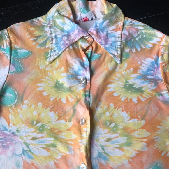 Vintage 70s Bright Flower Power Dagger Collar Shirt - Picture 2 of 4